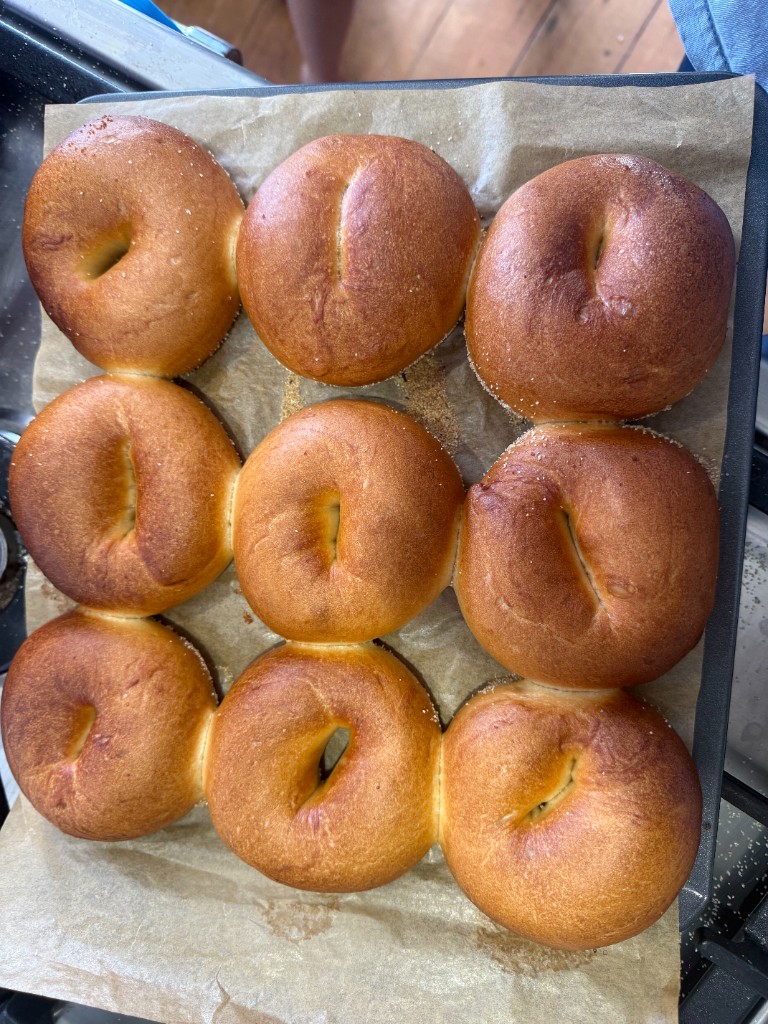 A tray of Bridge Bagels, just out of the oven